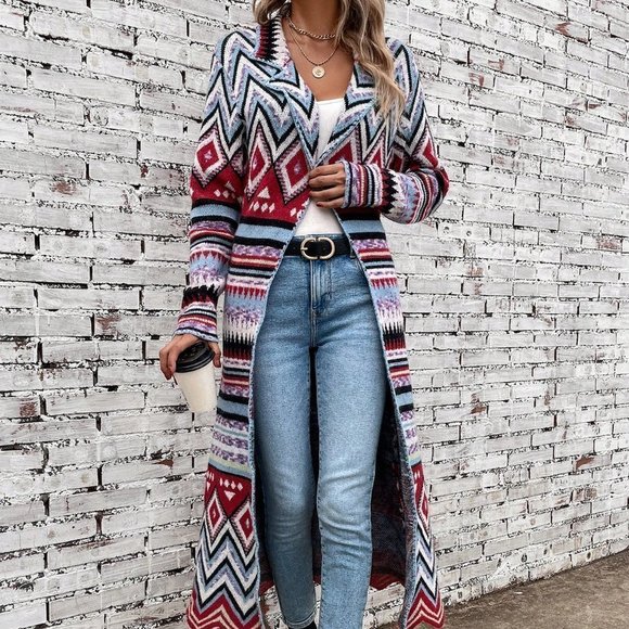 . Sweaters - Multicolor Boho Womens Chevron Pattern Drop Shoulder Duster Cardigan